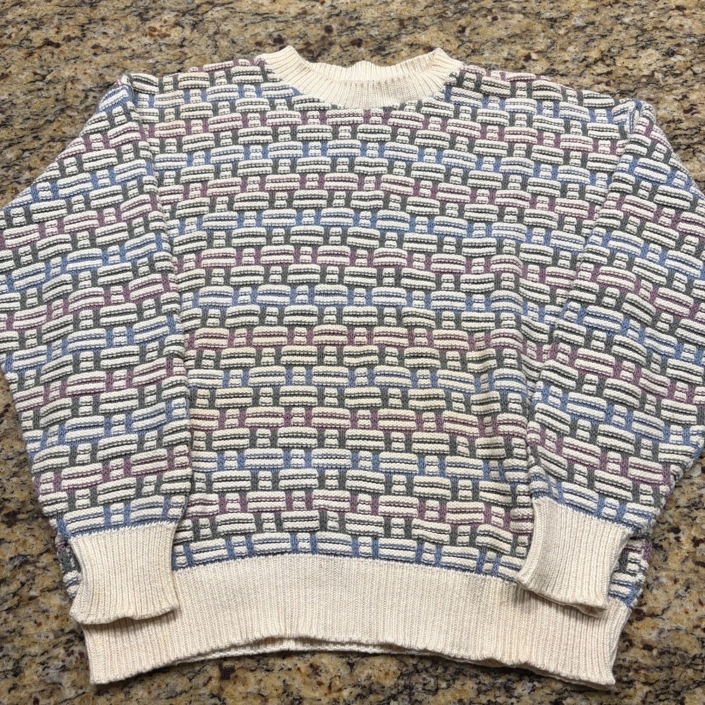 Vintage Steeple Chase Basketweave Knit Sweater Cream Blue Purple Womens v